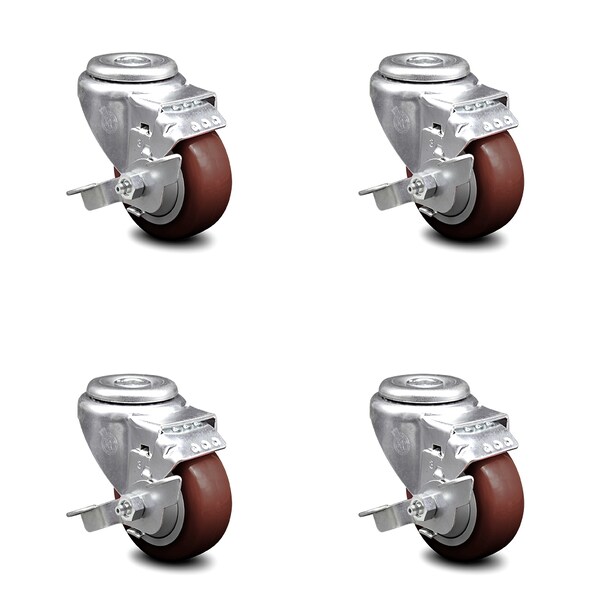 3.5 Inch Maroon Polyurethane Wheel Swivel Bolt Hole Caster Set with Brake SCC